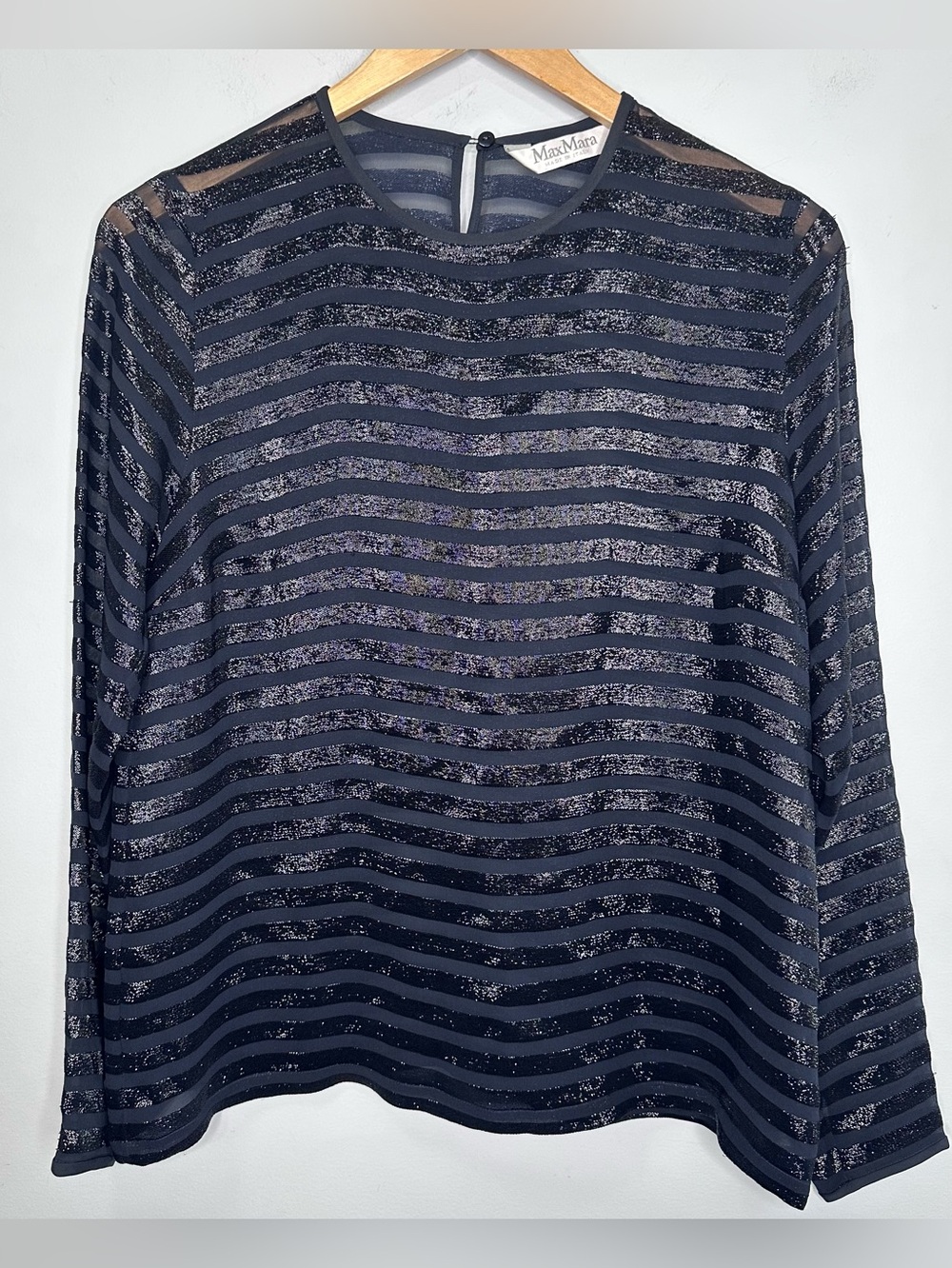Maxmara Made In Italy Farisco Navy Stripe Silk Shimmery Sheer Blouse Top